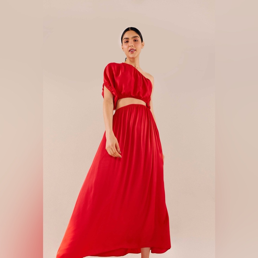 Farm Rio One Shoulder Cut-Out Two Piece Satin Midi Dress, Peachy Pink size Small